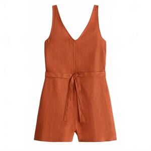 Oysho Romper Jumpsuit Playsuit 100% Linen Burnt Orange Women Small *Missing Belt